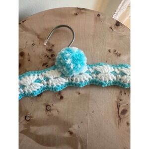 Vintage Handmade Crochet Padded Clothes Hanger Turquoise White Pom Pom Boho